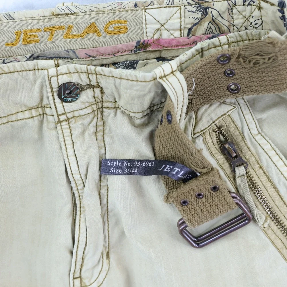 Jet Lag Cargo Shorts Mens 38 Tan Distressed Gorpcore Vintage Y2K Streetwear Belt